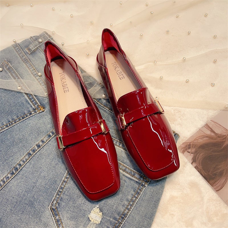 French Shoes Women'S Shoes Red Wedding Shoes New All-Match Soft Bottom Flat Slip-On Lefu Shoes - Image 1