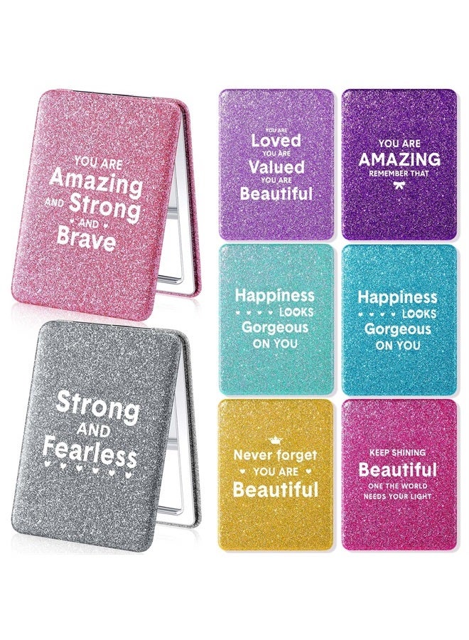 Panelee 8 Pcs Inspirational Compact Mirror Glitter Square Birthday Gifts for Women 1X/ 2X Double Sided Cosmetic Pocket Mirror Folding Pu Leather Small Mirror for Purse for Friend Female - Image 1