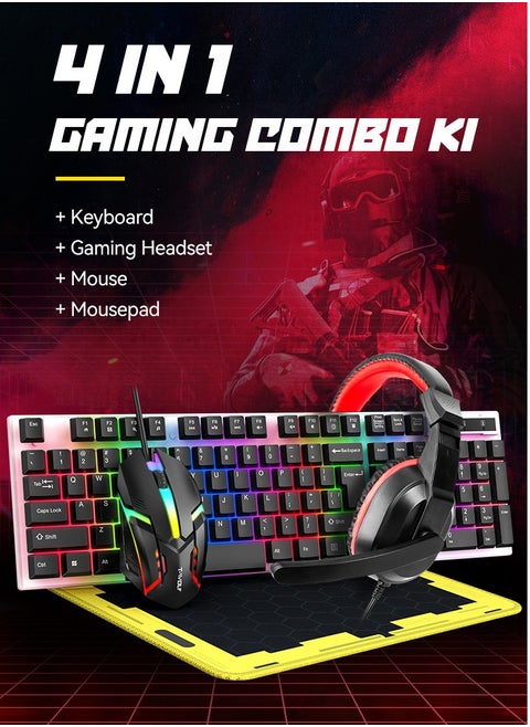 Game 4 IN 1 Set,Backlit Keyboard + Colorful Backlit Mouse + Large-Size Mousepad + Gaming Headset,Waterproof Rgb Color Suitable For Pc/Ps4/Xbox Gamers, Android Pubg Codm Genshin Diablo All Games