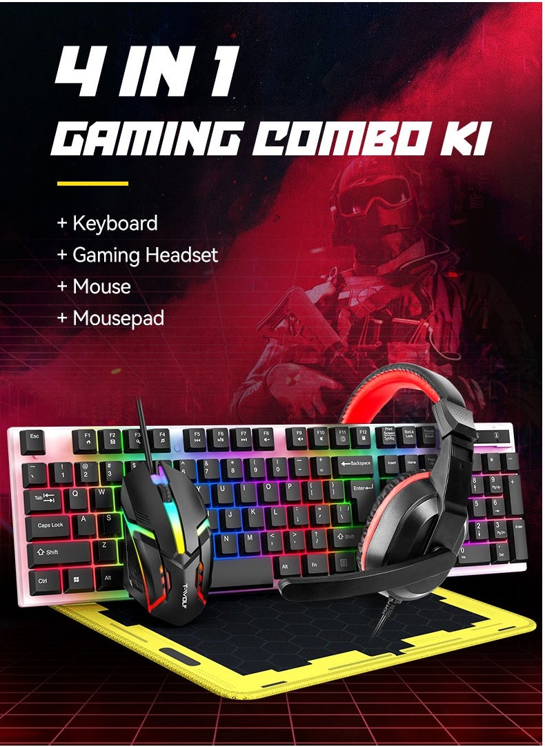 T-WOLF - Game 4 IN 1 Set,Backlit Keyboard + Colorful Backlit Mouse + Large-Size Mousepad + Gaming Headset,Waterproof Rgb Color Suitable For Pc/Ps4/Xbox Gamers, Android Pubg Codm Genshin Diablo All Games - Image 1