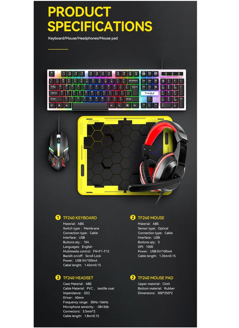 T-WOLF - Game 4 IN 1 Set,Backlit Keyboard + Colorful Backlit Mouse + Large-Size Mousepad + Gaming Headset,Waterproof Rgb Color Suitable For Pc/Ps4/Xbox Gamers, Android Pubg Codm Genshin Diablo All Games - Image 1