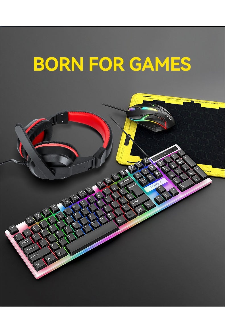 T-WOLF - Game 4 IN 1 Set,Backlit Keyboard + Colorful Backlit Mouse + Large-Size Mousepad + Gaming Headset,Waterproof Rgb Color Suitable For Pc/Ps4/Xbox Gamers, Android Pubg Codm Genshin Diablo All Games - Image 1
