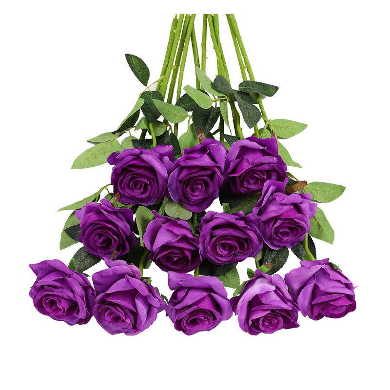 Tifuly 12 PCS Artificial Roses 1968 Single Long Stem Fake Rose Silk Bridal Wedding Bouquet Realistic Flower for Home Garden Party Hotel Office DecorBlossom RosesPurple