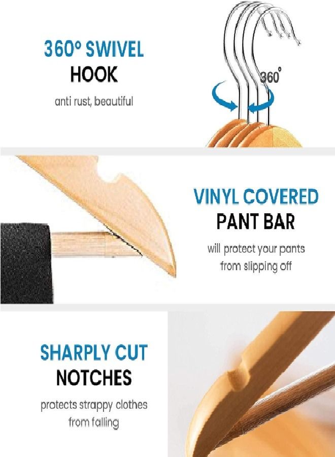 ZOBER 30-Piece Non-Slip 360° Swivel Hook And Precisely Cut Notches Wooden Hangers Natural Wood/Silver 44.5x22.86x1.01cm - Image 3