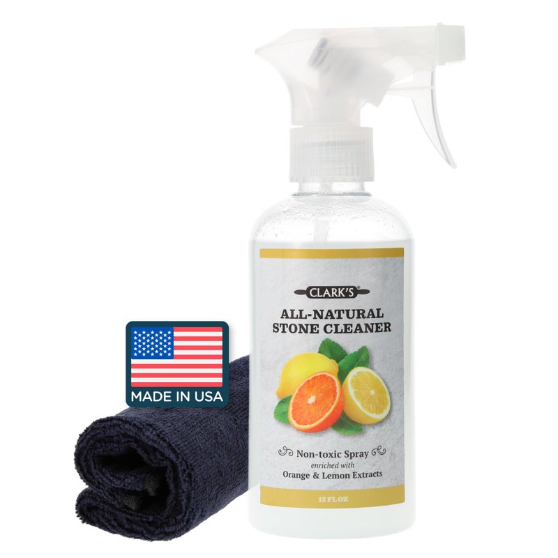 CLARK'S Natural Stone Spray Cleaner, with Microfiber Cloth for Soapstone, Granite, Quartz, Marble, & other Countertop Surfaces â€“ Pure Ingredients to Keep Stone Protected, Citrus Oil Extracts, 12oz - Image 1
