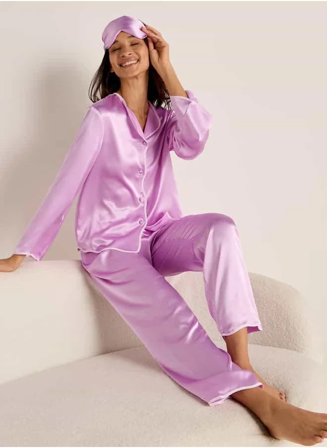 FAV Contrast Piping Satin Pyjama Set with Eye Mask