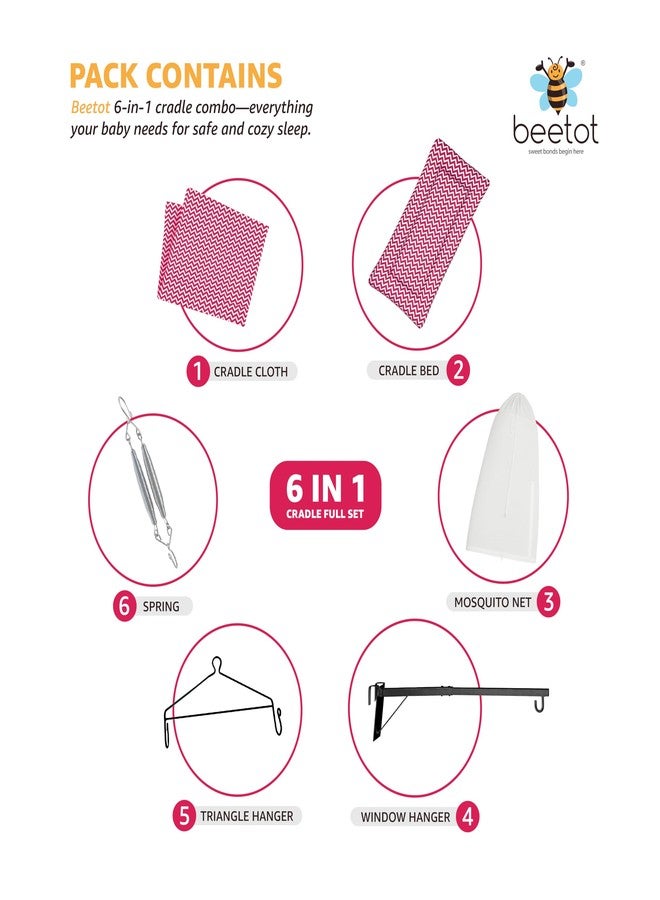 beetot طقم أرجوحة/مهد أطفال من بيتوت (قماش ثوتيل، بالنا، دولنا) | قماش المهد مع سرير مبطن، ناموسية، زنبرك، مثلث وخطاف للنافذة | حتى 15 كجم | (أحمر) - Image 2
