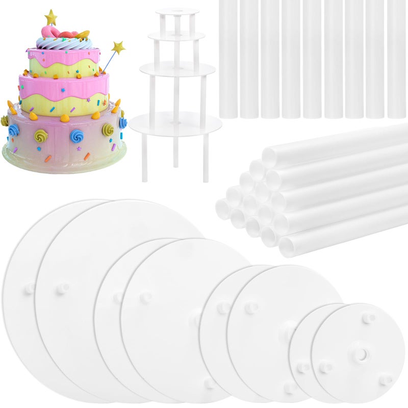 ZEAYEA 24 Pieces Cake Dowel Rods with 8 Pieces Cake Separator Plates for 4 6 8 10 Inch 4 Tiered Cakes Plastic Cake Sticks Support Rods and Cake Boards for Cake Construction and Stacking