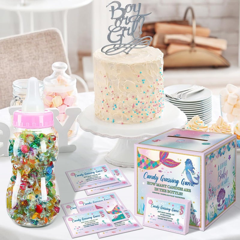 Glenmal 52 Pcs Baby Shower Games Gift Sets Large Baby Bottle for Shower Game Guess How Many Candies Decorations for Gender Reveal(Mermaid) - Image 4