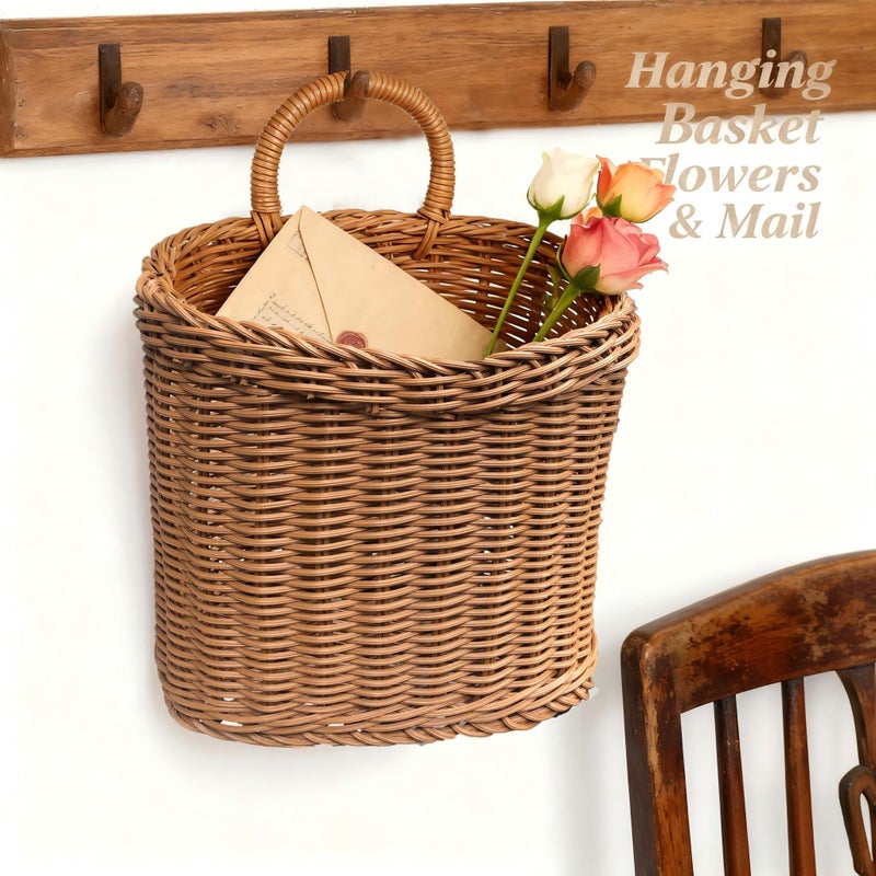 Quincry Woven Hanging Wicker Basket for Front Door, Handmade Rattan Hanging Wall Baskets for Garden Farmhouse Home - Image 2