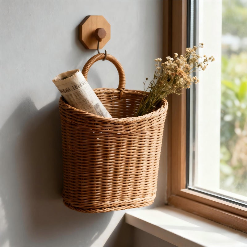 Quincry Woven Hanging Wicker Basket for Front Door, Handmade Rattan Hanging Wall Baskets for Garden Farmhouse Home - Image 3