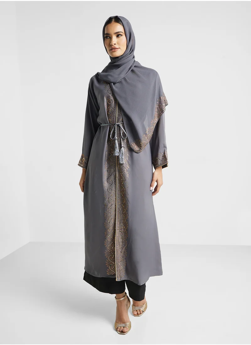 ARABIAN CLOSET Open Embellished Abaya With Belt