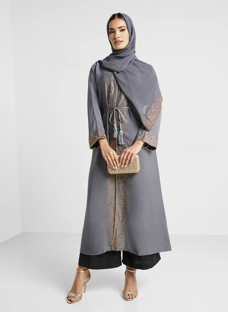 ARABIAN CLOSET Open Embellished Abaya With Belt