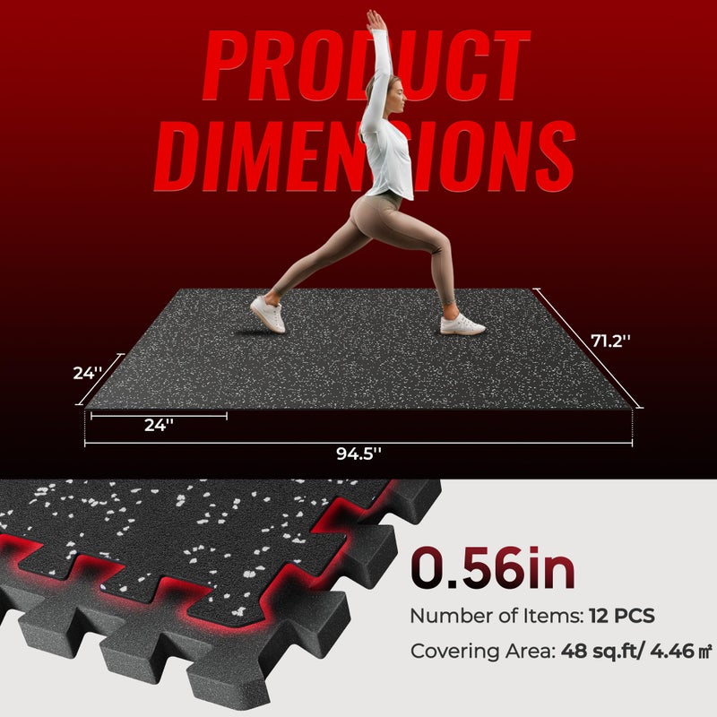 SUPERJARE 0.56'' Thick 12 Pcs 48 Sq Ft Rubber Top Exercise Equipment Mats, High Density EVA Foam Mats with Rubber Top, Interlocking Gym Flooring for Home Gym, Protective Workout Mat, Black/Grey - Image 3