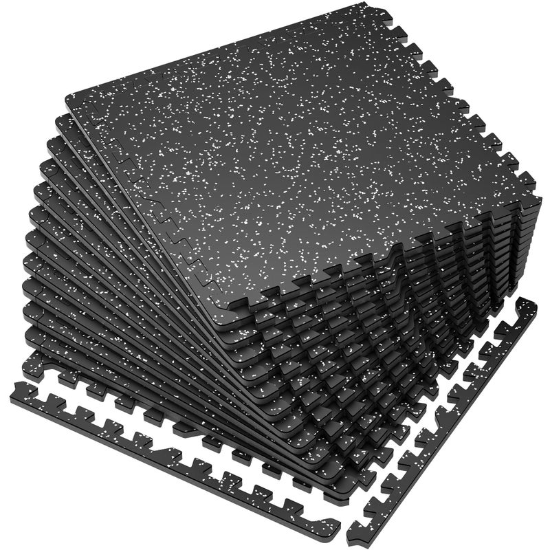 SUPERJARE 0.56'' Thick 12 Pcs 48 Sq Ft Rubber Top Exercise Equipment Mats, High Density EVA Foam Mats with Rubber Top, Interlocking Gym Flooring for Home Gym, Protective Workout Mat, Black/Grey - Image 1