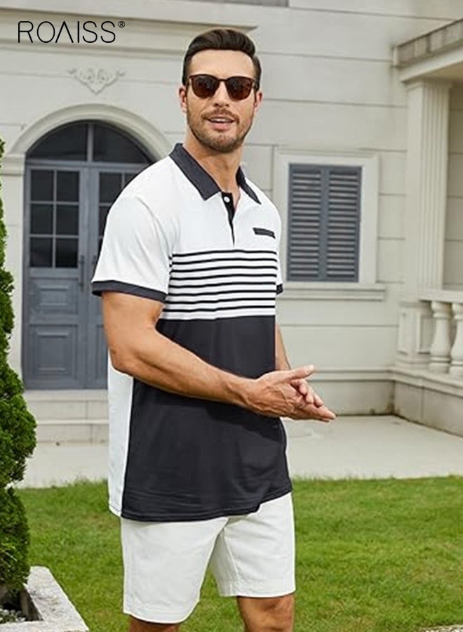 roaiss Men's Dual Tone Striped Polo Shirt Contrast Regular Fit Smart Casual Tops for Men Moisture Wicking Stretch Fabric T-Shirt Business Weekend Wear Black and White - Image 3