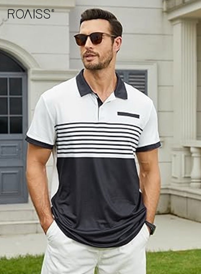 roaiss Men's Dual Tone Striped Polo Shirt Contrast Regular Fit Smart Casual Tops for Men Moisture Wicking Stretch Fabric T-Shirt Business Weekend Wear Black and White - Image 1