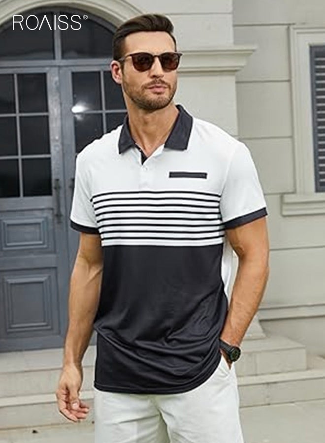 roaiss Men's Dual Tone Striped Polo Shirt Contrast Regular Fit Smart Casual Tops for Men Moisture Wicking Stretch Fabric T-Shirt Business Weekend Wear Black and White - Image 2