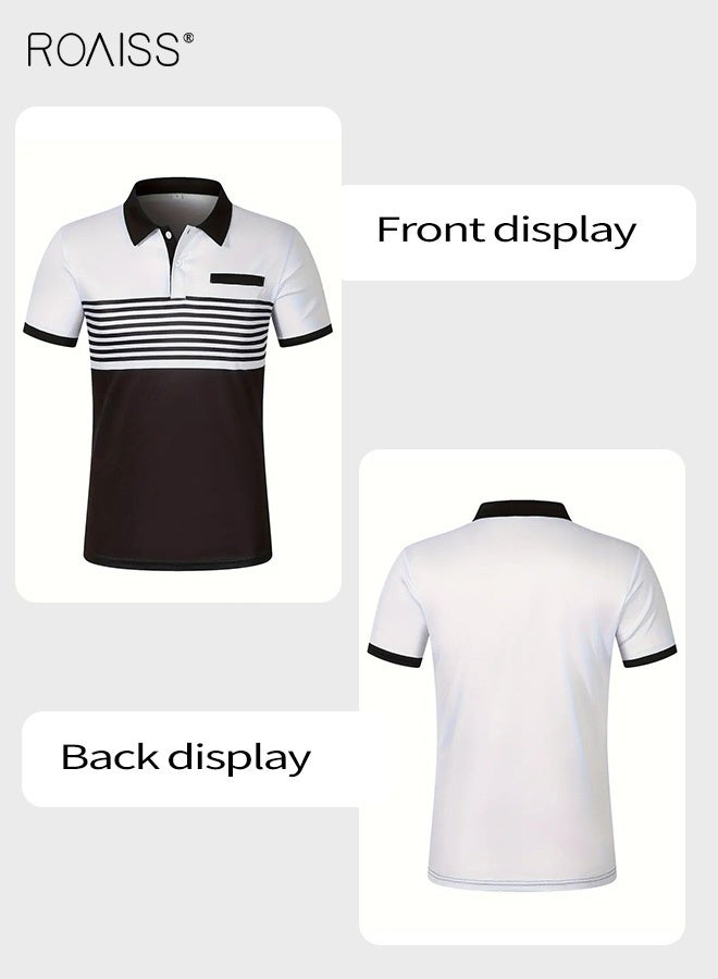 roaiss Men's Dual Tone Striped Polo Shirt Contrast Regular Fit Smart Casual Tops for Men Moisture Wicking Stretch Fabric T-Shirt Business Weekend Wear Black and White - Image 4