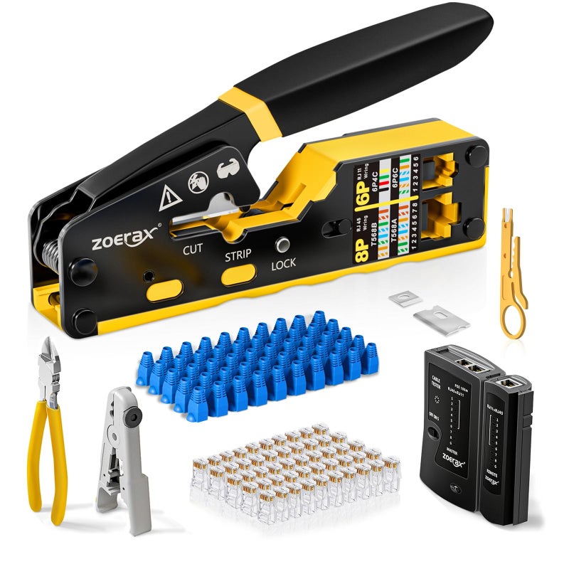 ZoeRax Ethernet Crimping Tool Kit RJ45 Crimp Tools,CAT5 Cat5e Cat6 RJ45 Crimping Tool Kit With Cable Tester, Multiply Stripper, Blades,50Pcs Cat 6 Pass Through Connectors and Strain Relief Boots - Image 1
