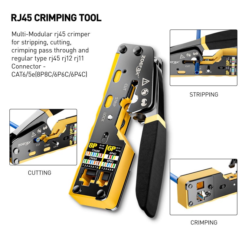 ZoeRax Ethernet Crimping Tool Kit RJ45 Crimp Tools,CAT5 Cat5e Cat6 RJ45 Crimping Tool Kit With Cable Tester, Multiply Stripper, Blades,50Pcs Cat 6 Pass Through Connectors and Strain Relief Boots - Image 2