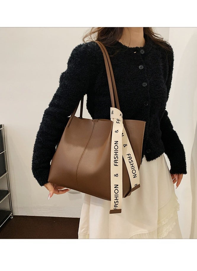 Generic Women's One-shoulder Tote Bag Leather Handbag Women's Large Capacity Bucket Bag Fashion Travel Messenger Shoulder Bag Suitable for Women Female College Students (Brown)  - Image 4