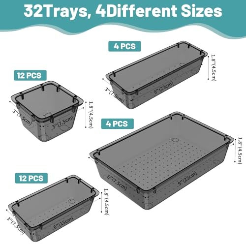 WOWBOX 32 PCS Clear Plastic Drawer Organizer Set 4 Sizes Desk Drawer Organization and Storage Containers for Makeup Cosmetics Jewelry and Gadgets in Kitchen Bathroom Bedroom Office Clear Black - Image 3