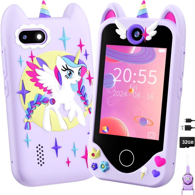 Yosfeng Kids Smart Phone for Girls Gifts Toddler Christmas Birthday Gift for Age 3 4 5 6 Year Old Kids Cell Phone Toy with Touchscreen Dual Cameras Learning Kid Mp3 Player Games with 32 GB Card - Image 2
