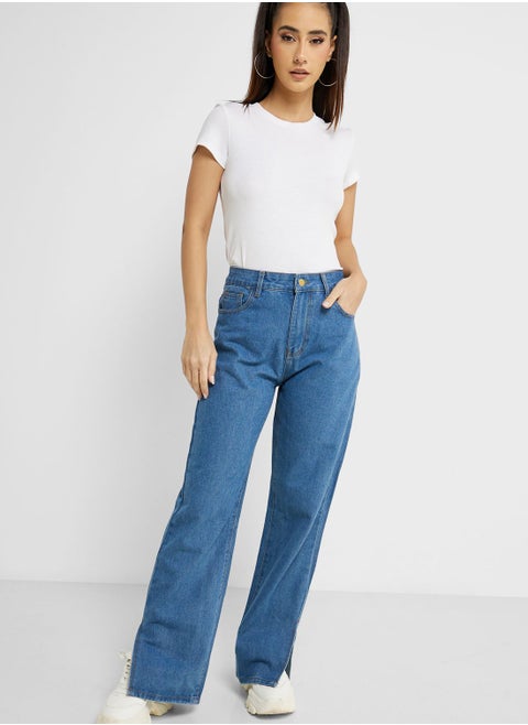 High Waist Slit Hem Jeans