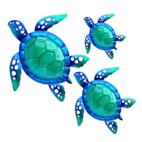 JOYBEE HOME&GARDEN JOYBee Sea Turtle Wall Art Decor Metal Glass Sea Life Nautical Home Wall Hanging DecorOcean Theme Coastal Decorations for Indoor Outdoor Bathroom and GardenBlueSet of 3 - Image 1