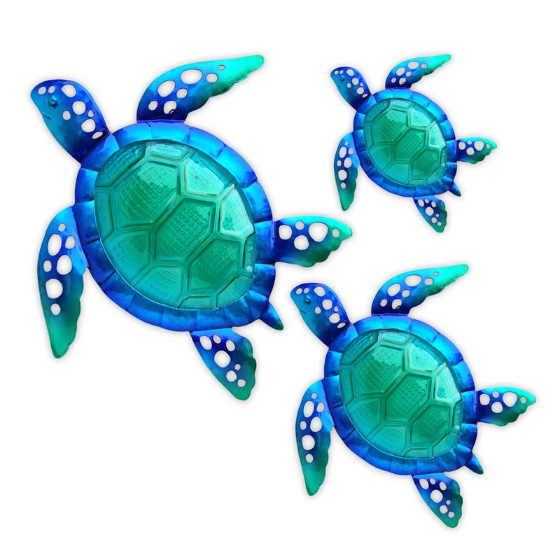JOYBEE HOME&GARDEN JOYBee Sea Turtle Wall Art Decor Metal Glass Sea Life Nautical Home Wall Hanging DecorOcean Theme Coastal Decorations for Indoor Outdoor Bathroom and GardenBlueSet of 3 - Image 2