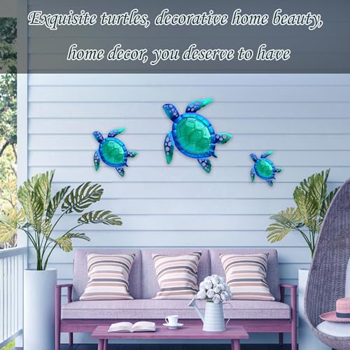 JOYBEE HOME&GARDEN JOYBee Sea Turtle Wall Art Decor Metal Glass Sea Life Nautical Home Wall Hanging DecorOcean Theme Coastal Decorations for Indoor Outdoor Bathroom and GardenBlueSet of 3 - Image 3