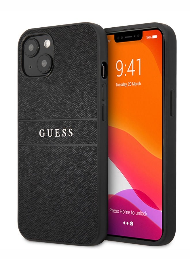 GUESS iPhone 13 Case PU Leather Cover Saffiano With Metal Logo Hot Stamp Stripes For iPhone 13 (6.1") - Black - Image 1