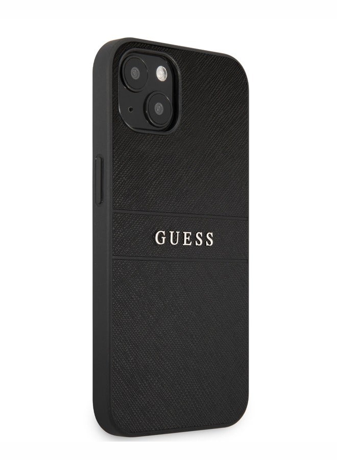 GUESS iPhone 13 Case PU Leather Cover Saffiano With Metal Logo Hot Stamp Stripes For iPhone 13 (6.1") - Black - Image 3