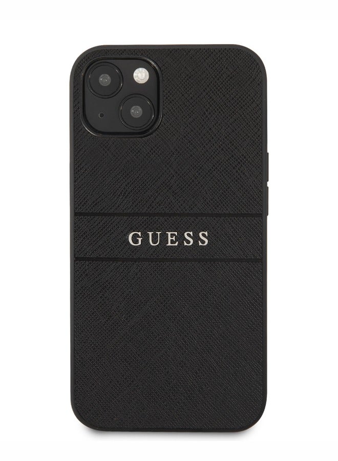 GUESS iPhone 13 Case PU Leather Cover Saffiano With Metal Logo Hot Stamp Stripes For iPhone 13 (6.1") - Black - Image 2