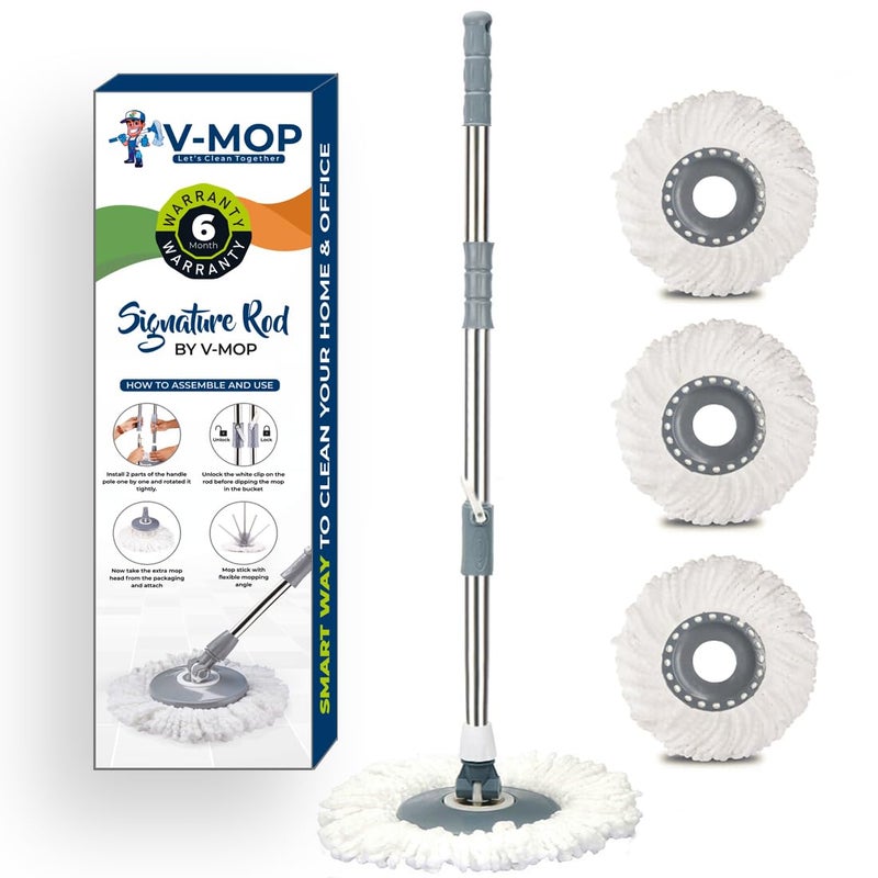 V-MOP VMop Premium Adjustable Mop Stick for Cleaning Floor Stainless Steel Mop Stick with Replaceable 3 Microfiber Refill Easy to fit for All Bucket Mop Color Grey - Image 1