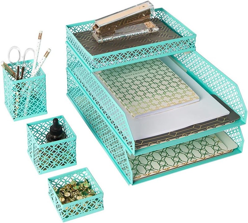 Blu Monaco 6 Piece Desk Organizer Set - Aqua Office Accessories for Mail, Letters, and Supplies - Image 1