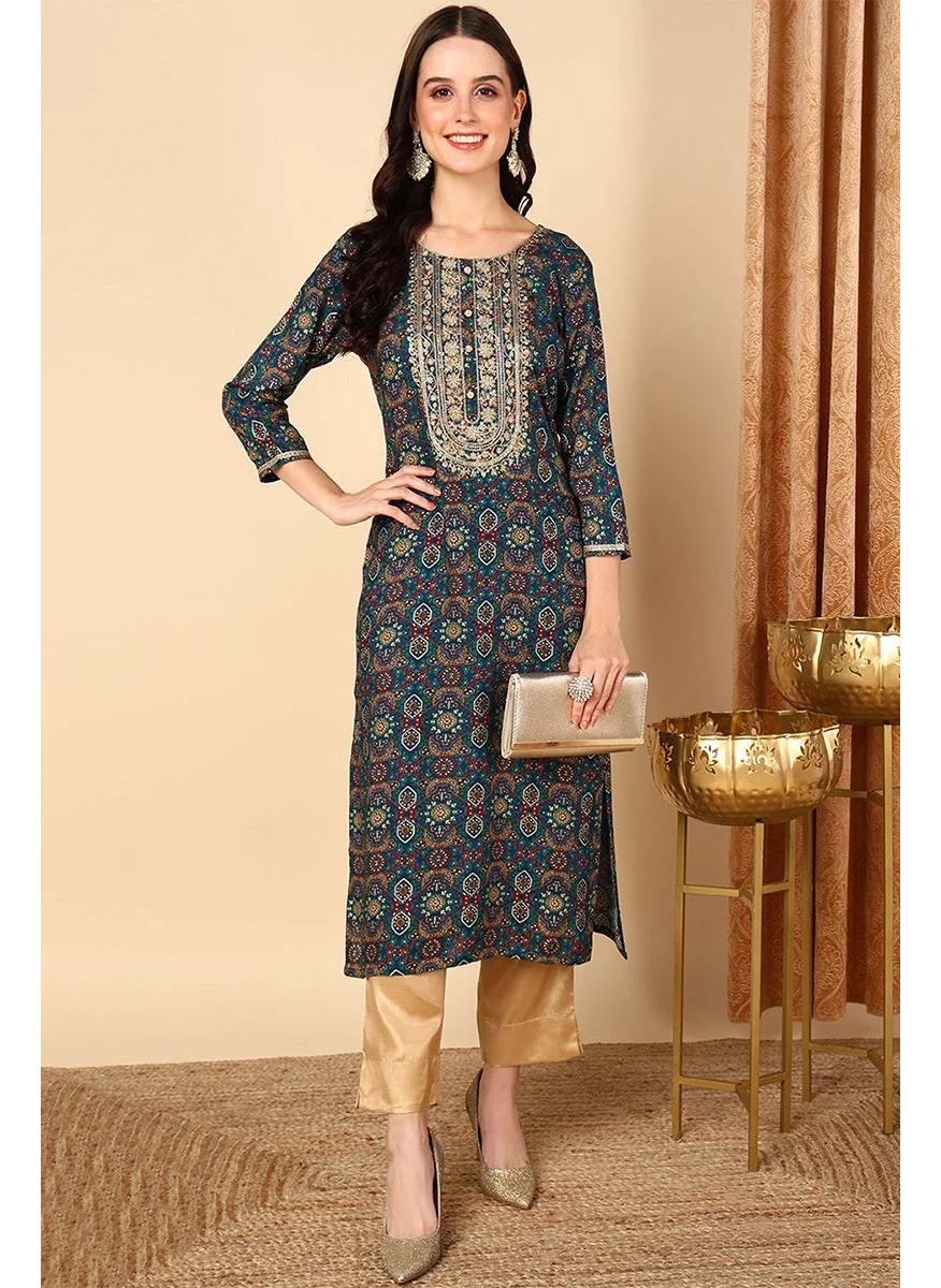 زيري سوق Blue Viscose Rayon Bandhani Printed Straight Kurta