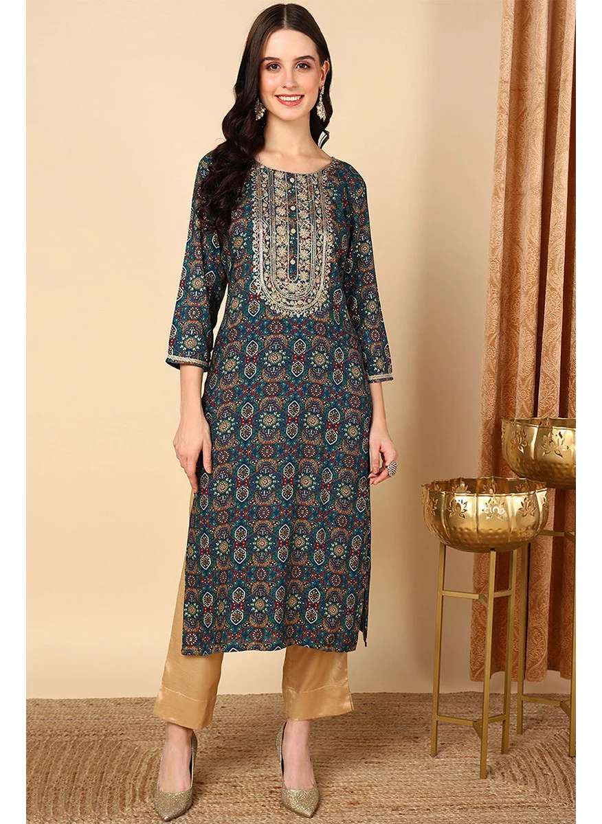 زيري سوق Blue Viscose Rayon Bandhani Printed Straight Kurta