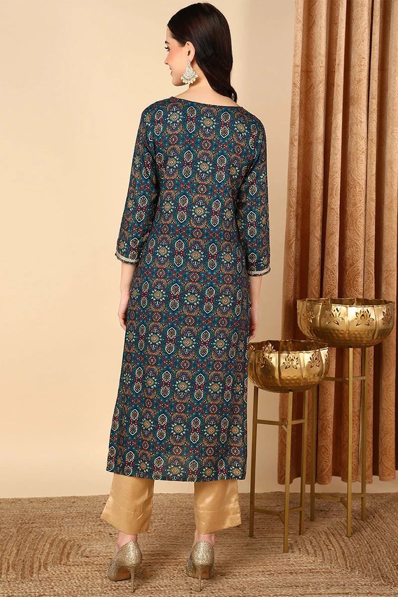 ZERESOUQ Blue Viscose Rayon Bandhani Printed Straight Kurta