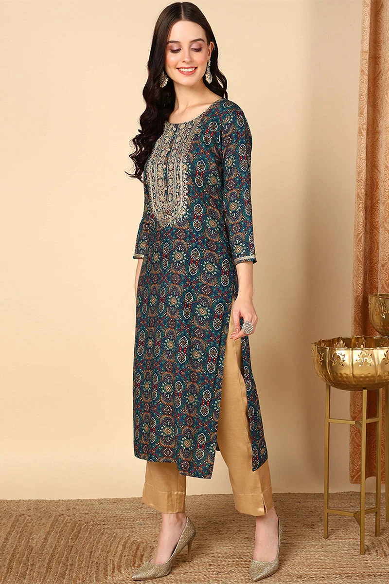 ZERESOUQ Blue Viscose Rayon Bandhani Printed Straight Kurta