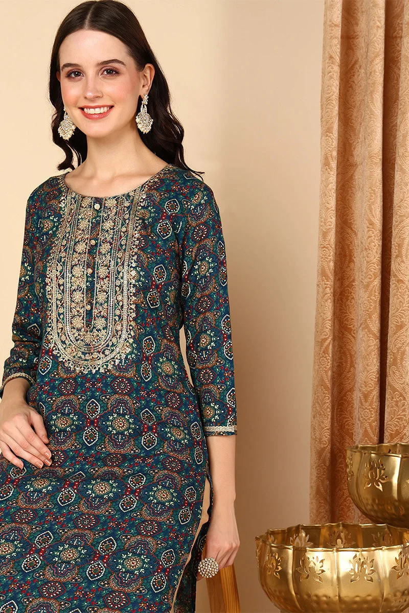 ZERESOUQ Blue Viscose Rayon Bandhani Printed Straight Kurta