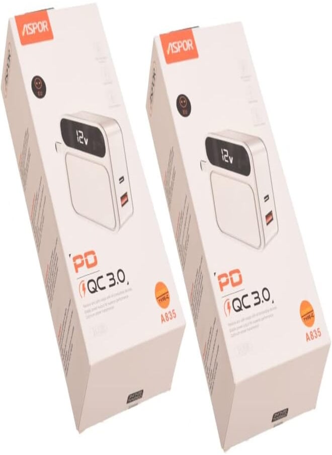 Aspor Aspor A835 LED Digital Display Fast Charger With PD And QC 3.0 EU For Type-C Cable Set of 2 Pieces - White 