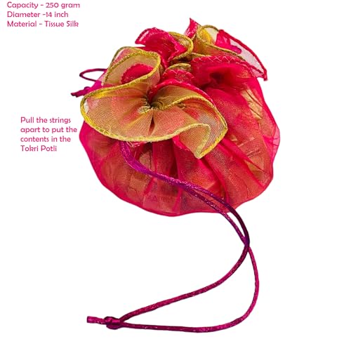 KRIWIN Pack of 10 Silk Organza Drawstring Tokri Potli Bag, 35 cm Diameter, Ideal for gifting, Party Favors (Dark Pink) - Image 3