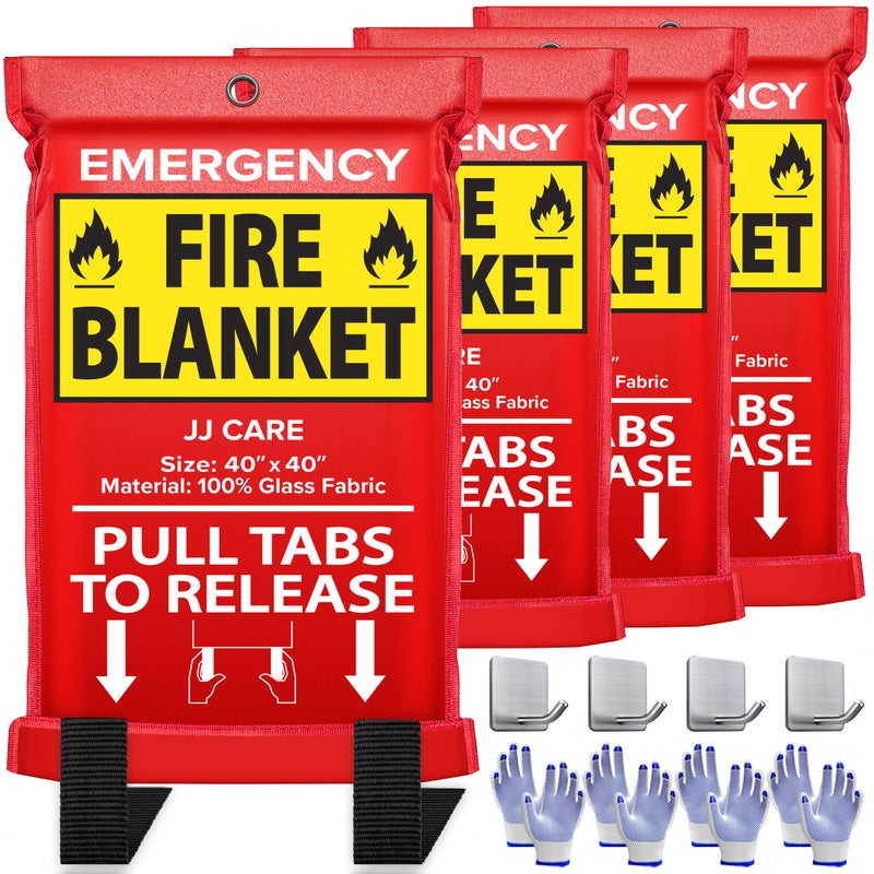 JJ CARE Fire Blanket 4 Packs with Hooks and Gloves 40 x 40 Fire Blankets Emergency for Home and Kitchen High Heat Resistant and Flame Protection for Kitchen Car Office Camping Home Safety