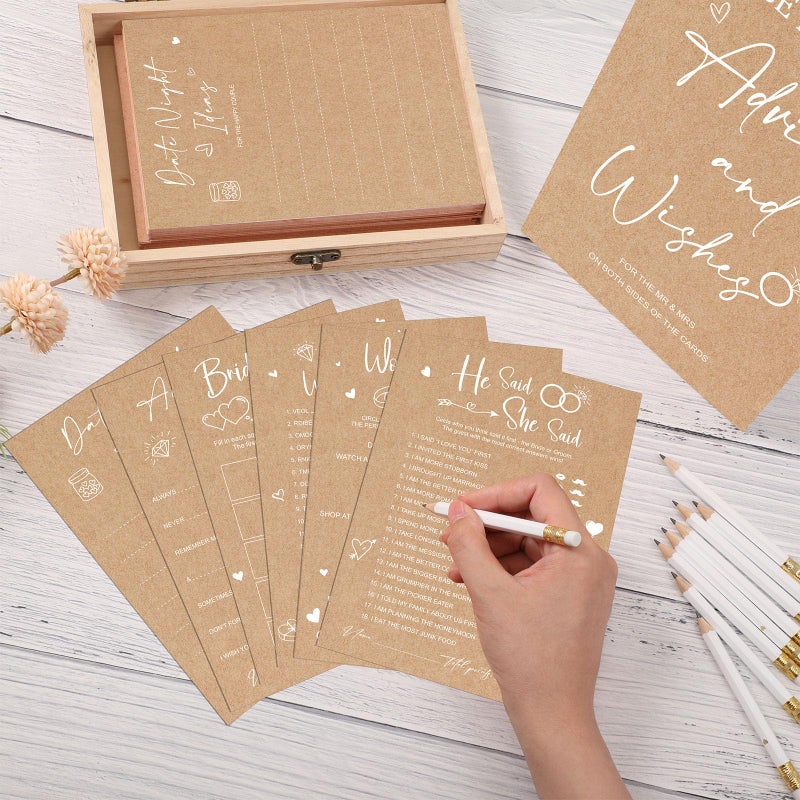 Silipull Bridal Shower Games Set for 50 Guests Includes Bingo, He Said She Said, Scramble, Would She Rather, Advice and Wishes Wedding Games Double Sided with Wooden Box, 20 Pencils (Kraft) - Image 4
