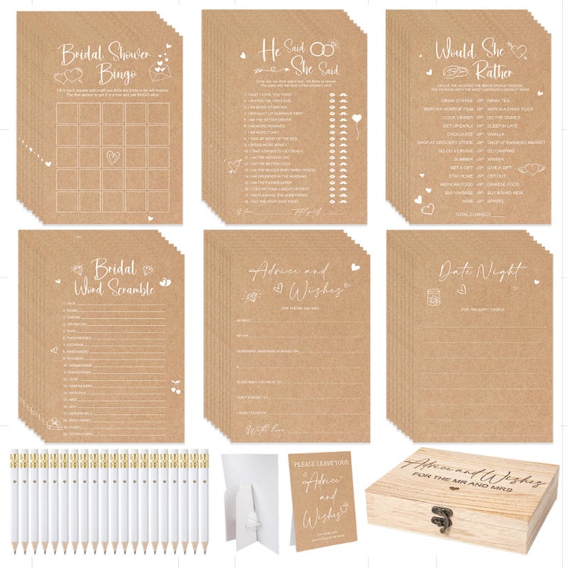 Silipull Bridal Shower Games Set for 50 Guests Includes Bingo, He Said She Said, Scramble, Would She Rather, Advice and Wishes Wedding Games Double Sided with Wooden Box, 20 Pencils (Kraft) - Image 1