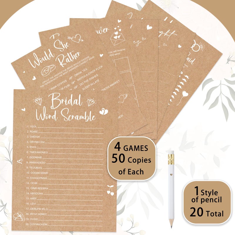Silipull Bridal Shower Games Set for 50 Guests Includes Bingo, He Said She Said, Scramble, Would She Rather, Advice and Wishes Wedding Games Double Sided with Wooden Box, 20 Pencils (Kraft) - Image 3