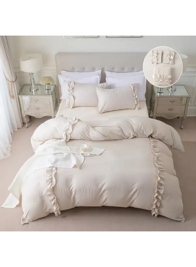 Beige Gray Duvet Cover Set 90x87 Inches 3 Piece Bedding With Bow Decor - Image 1