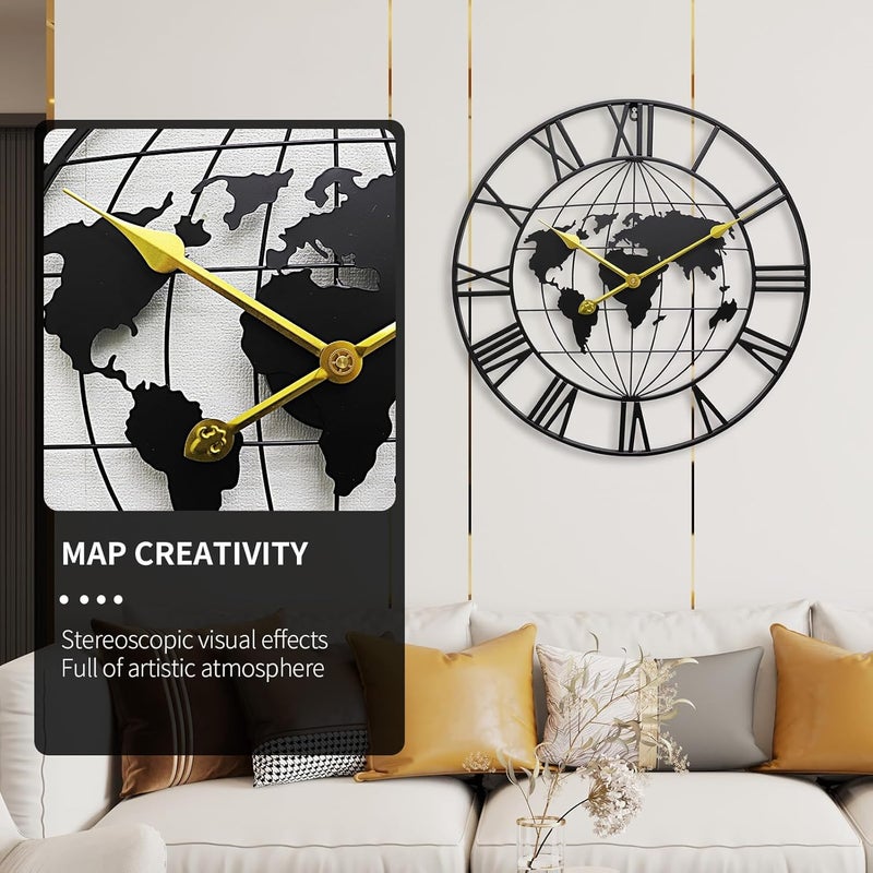 KEQAM Easy daily handling design Large World Map Wall Clock, 30” Metal Minimalist Modern Clock, Round Silent Non-Ticking Battery Operated Wall Clocks for Living Room/Home/Kitchen/Bedroom/Office/School Decor (Black, 30 inches) Modern color selections - Image 2